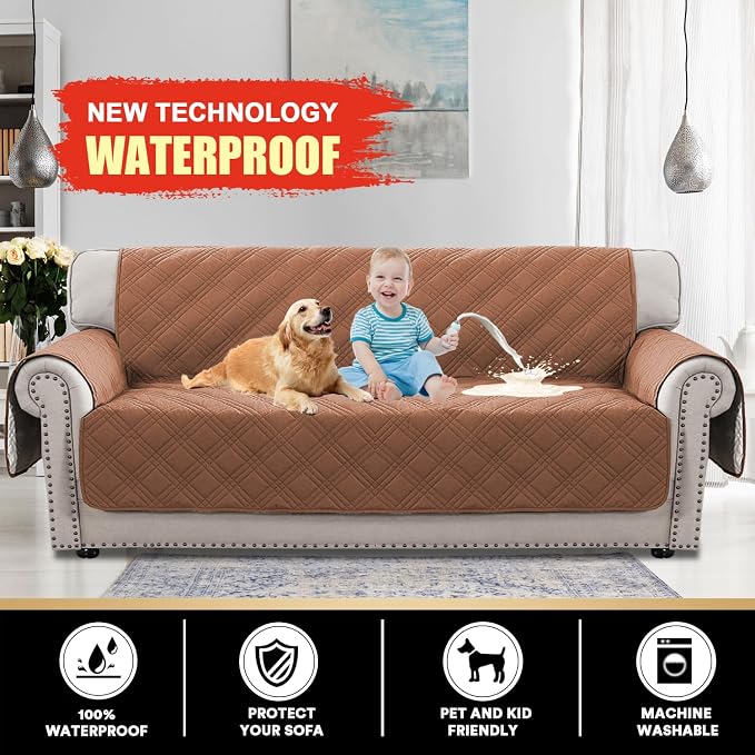 PrinceDeco 100% Waterproof Couch Cover for 3 Cushion Couch Sofa Pet Friendly Non-Slip Couch Cover for Dogs Washable Water Resistant Furniture Protector with Elastic Straps(Sofa 68", Terracotta) - Image 2