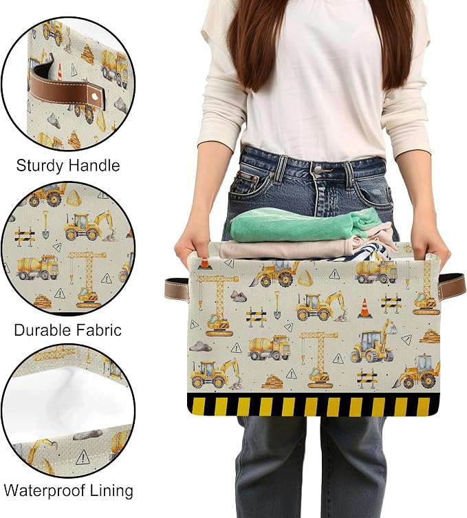 Construction Truck Basket - Excavator Storage Baskets Collapsible - Bulldozer Storages Bin Decor - Tractor Decor for Boys Room - Excavator Rectangle Baskets for Kids Clothes, Gifts, Books - Image 6