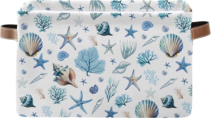 Sea Shells Starfish Rectangle Storage Basket - Ocean Themed Collection Collapsible Storage Baskets with Handles - Ocean Conch Pattern Storages Bin for Kids Clothes, Gifts, Books, Toys by JOPJOLIW