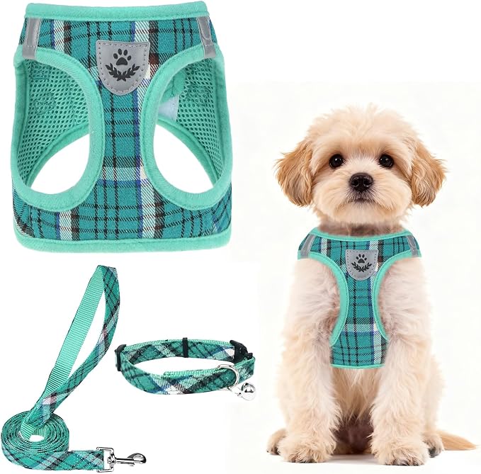 PUPTECK Dog Harness, Collar and Leash Set No Pull for Small Medium Sized | Plaid Puppy Step-in Escape Proof Reflective No Choke Pet Cat Adjustable Walking Vest by PUPTECK