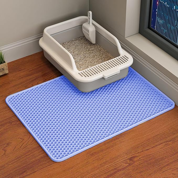 HCY&WLD Cat Litter Mat, Double Layer Cat Litter Box Mat (24x18 Inch, Blue) | Waterproof Urine-Proof Non-Slip Litter Trapping Mat, Soft on Kitty Paws, Scratch-Resistant, Scatter Control, Easy to Clean by HCY%26WLD