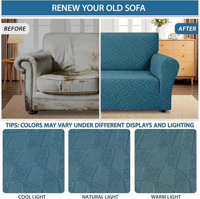 ZNSAYOTX 1 Piece Stretch Loveseat Covers for 2 Cushion Couch (55"-71"), New Plaid Couch Cover with Non-Slip Buckle for Dog Pets, Soft Cozy Washable Sofa Slipcover Form Fit Protector, Teal - Image 5