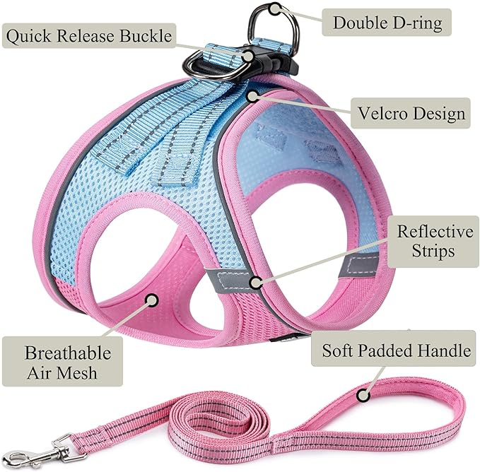 Dog Harness with Leash Set, Step-in Adjustable Puppy Vest, Pink Green S | Lightweight Breathable Air Mesh, Night Safety Reflective, No Pull Puppy Vest Harnesses for Small Medium Large Dogs, Cats - Image 2
