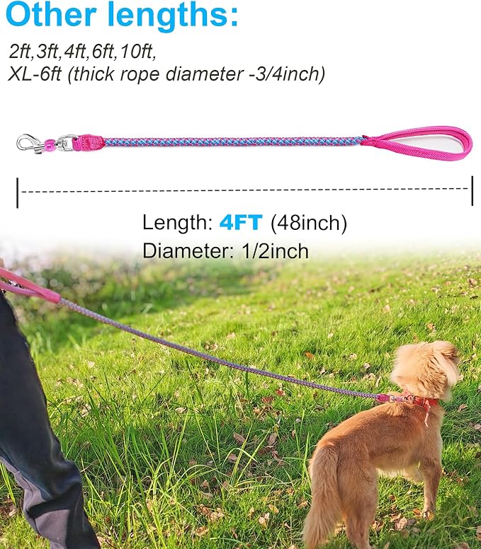 2/3/4/6/10 Foot Reflective Dog Leash Strong Nylon Rope Braided Heavy Duty for Large Medium Small Dogs Walking Training Leads (Pink, 4ft * 1/2") - Image 4