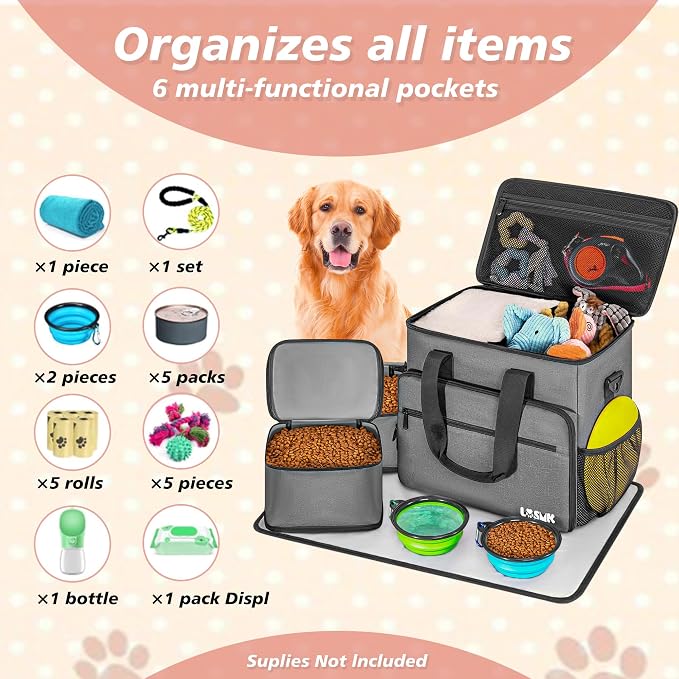 Dog Travel Bag, Large Pet Travel Set with Multi-Function Pockets | 2 Food Storage Containers, 2 Collapsible Bowls, 1 Feeding Mat for Pet Supplies, Road Trip Essentials, Weekend Camping, Grey - Image 6