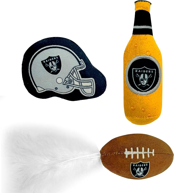 BEST PLUSH CAT TOY - NFL LAS VEGAS RAIDERS Complete Set of 3 piece Cat Toys filled with Fresh Catnip. Includes: 1 Helmet Cat Toy, 1 Football Cat Toy with Feathers & 1 Beer Bottle. Beautiful Team LOGOS - Image 2