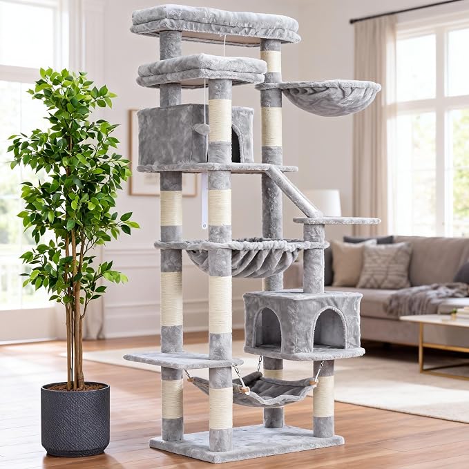 Heybly Cat Tree, 71-Inch-Tall Tower for Indoor Cats with 2 Perches HCT034W | Large Cat Furniture with 2 Big Condos, 2 Hammocks, Basket, Scratching Pad, Multi-Level Cat Condo, Light Gray - Image 9