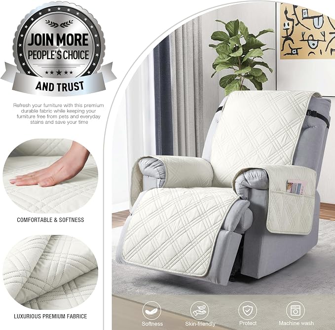 TAOCOCO Waterproof Recliner Chair Covers 30 Inch Wide, Oversized Recliner Covers for Recliner Chair with Pocket, Recliner Slipcovers with Straps Furniture Protector for Kids Pets (30'', Ivory) - Image 2