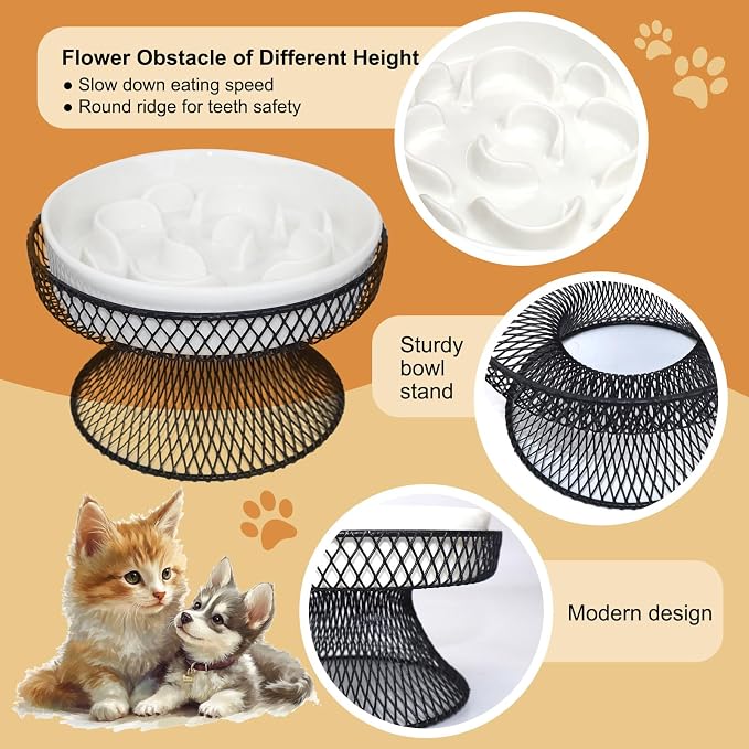 Raised Ceramic Cat Slow Feeder Bowl, Elevated Cat Plate with Stand, Slow Bowl for Wet and Dry Food, Whisker Friendly Pet Feeder for Kitten and Small Dog Perfect for Pet Gift - Image 3