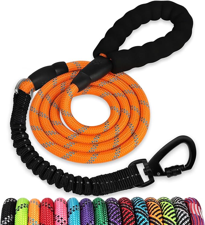 Rope Dog Leash 6 FT: Heavy Duty Leashes with Swivel Lockable Hook Reflective Threads Bungee and Padded Handle - Dog Lead for Large Small Medium Dogs Outside Walking Hiking Orange by jenico