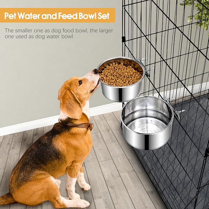 2 Pcs Stainless Steel Large Dog Crate Food Water Bowl, 82 & 56 OZ | Non-Spill, Detectable, Hanging Cage, Crate Feeder Dish with Clamp Holder for Large Pets, Size 7.1x3.7'' & 7.1x2.5'' - Image 3