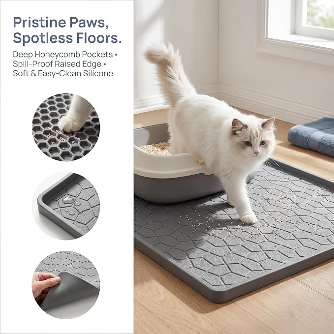 Cat Litter Box Mat, Waterproof Silicone Pad for Floor， Mat for Prevent Food and Water Overflow, Suitable for Small, Medium and Big Pet, 34" X 22" Cat Litter Mat,Light Gray。 - Image 5