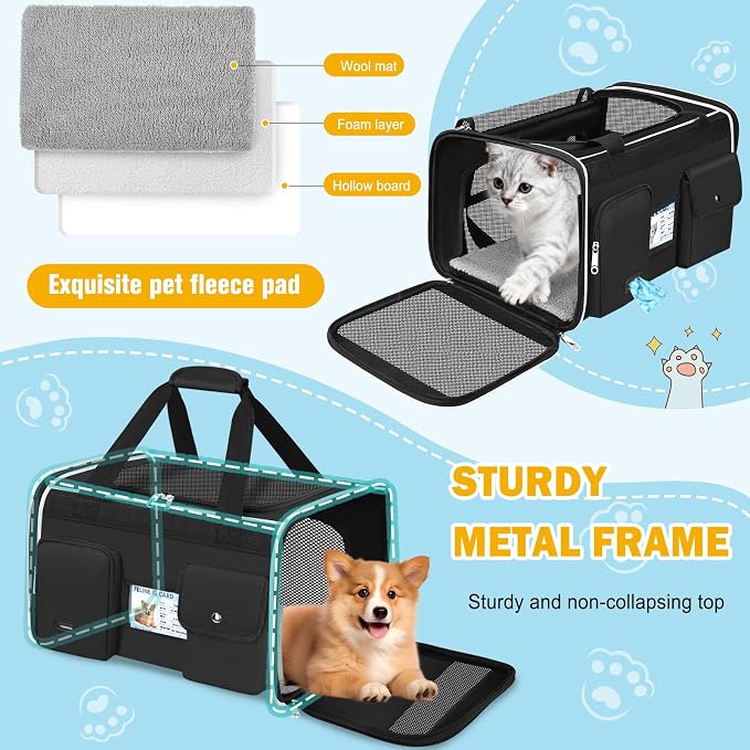 HUANLANG Large Cat Carrier Soft Sided Travel Pet Carrier Airline Approved | Dog Carriers for Small Dogs Medium Cats,Collapsible,3 Storage,zipper lock,Reflective strips,Luggage Strap,Up to 15 Lbs, Black - Image 6