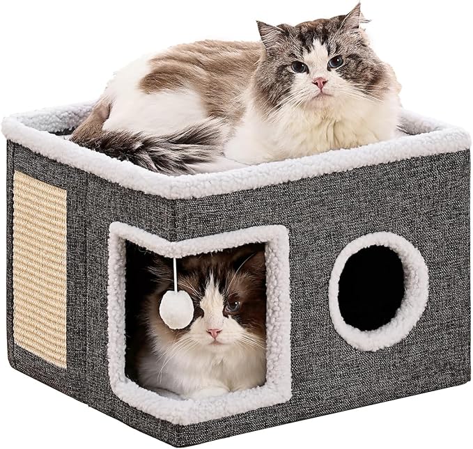 Large Cat Houses for Indoor Cats with Fluffy Ball and Scratch Pad | Foldable Cat Bed Cave for Multiple Pets, Kitten Bed for All Seasons, Non-slip, Hold Up to 30LBS, 16x16x13inch, Grey by Unknown