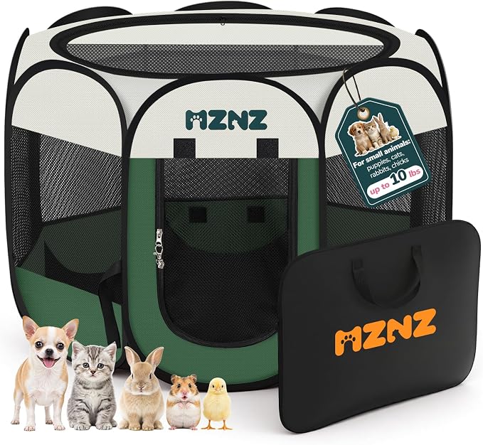 Dog Cat Small Animal Puppy Playpen Crate, Small, Dark Green | Portable Pop Up Pet Cage Enclosure Tent Kennel Indoor Outdoor with Carrying Case, No Assembly, Camping Use by MZNZ