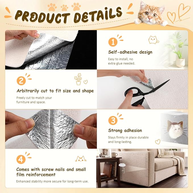 Shinylin 2 Pack Cat Scratch Mat 78.7"x15.8", Beige | Self-Adhesive Trimmable Cat Scratching Carpet, DIY Cat Scratch Pad for Couch Sofa Wall Cats Tree, Durable Furniture Protector - Image 3
