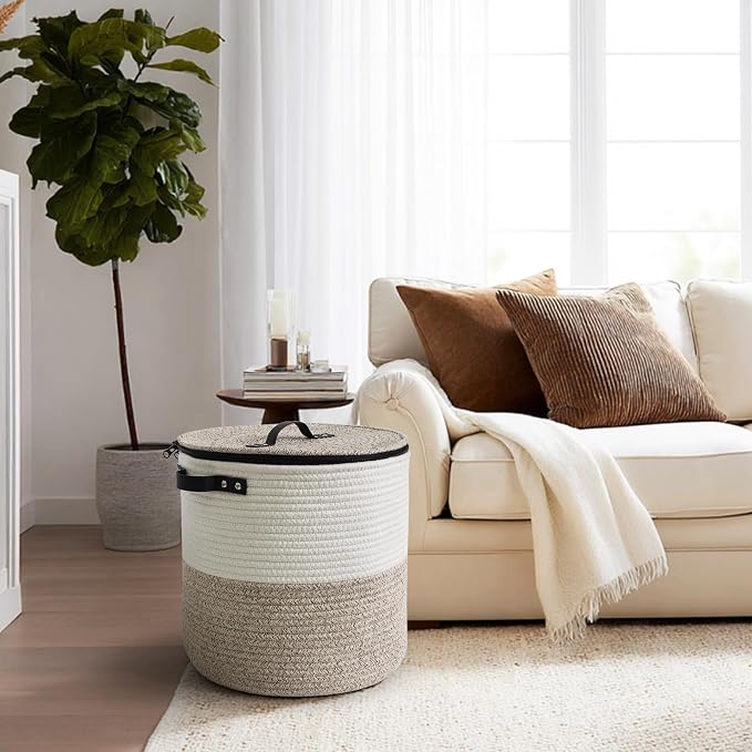 Storage Basket with Lid, 18"x14" Large Woven Blanket Storage for Living Room, Round Cotton Rope Bin with Zipper Top, Shoe Basket with Lid for Entryway, Floor Kids Dog Toy Bin Box with Cover - Image 6