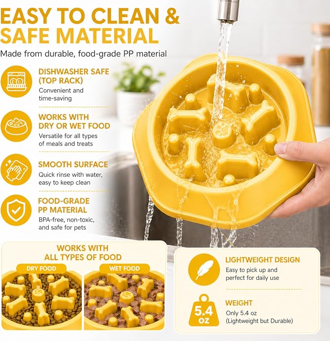 Slow Feeder Bowl for Small & Medium Cats & Dogs - Durable Slow Feeding Bowl with Non-Slip Base -Anti-Choking Puzzle Food Bowl for Dogs That Helps Mental Stimulation & Reduces Fast Eating-Yellow - Image 5