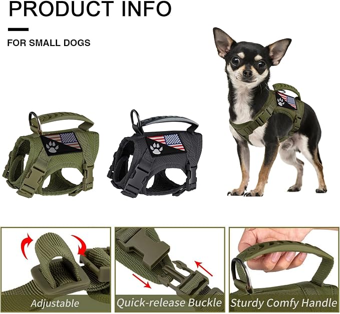 Tactical Small Dog Harness Tactical Puppy Vest with Rubber Handle K9 Military Adjustable Pet Cat Vest Harness for Outdoor Training XS Dog Harness (Green Harness) - Image 5