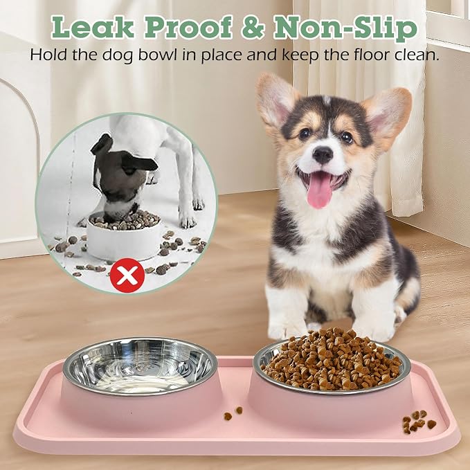 BNOSDM Double Dog Food Bowls Stainless Steel Dog Food and Water Bowls with Non-Spill Plastic Mat Pet Cat Feeder Bowl Set for Puppy Cats Kitten Small Dogs, Dark Green - Image 2
