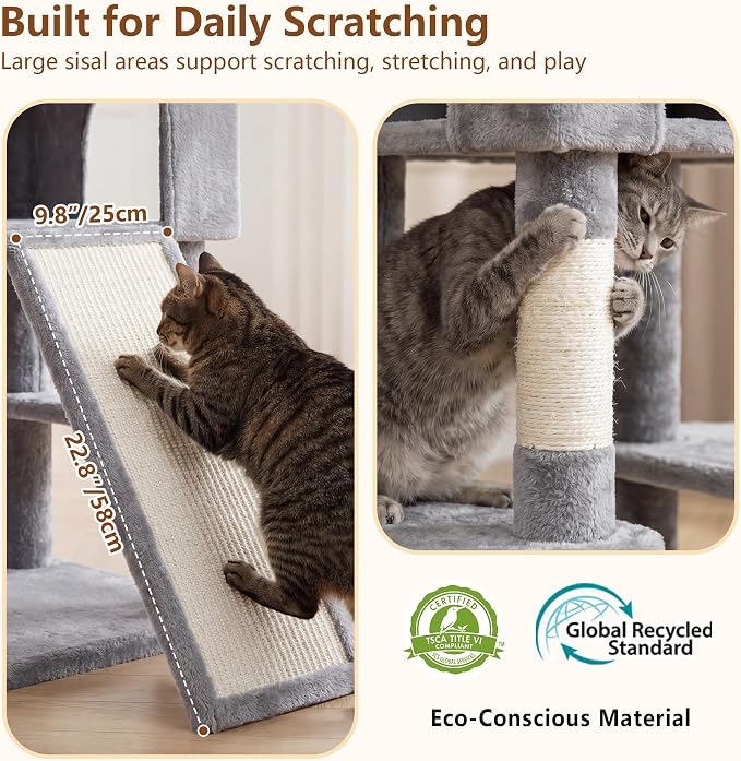 Heybly Cat Tree, 82.7″ Extra Tall Cat Tower for Large Cats Adult HCT063W | Giant Cat Condo with Multi-Level Platforms, 2 Baskets, Spacious Cat Cave, Wide Sisal Scratching Board, Light Gray - Image 5
