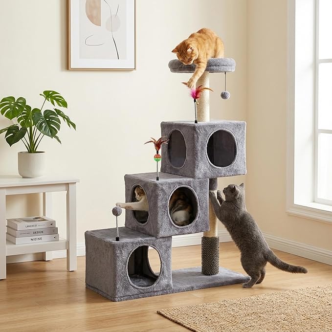 Cat Tree Tower for Indoor Cats 12lbs, Cat Tree with 3 Spacious Cat Houses & Condos, Full Sisal Scratching Posts and Cat Scratcher Toys，Grey - Image 3
