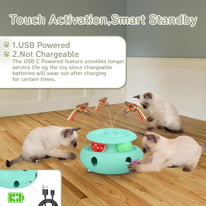 3-in-1 Interactive Cat Toys for Indoor Cats, Blue | Rechargeable Automatic with Fluttering Butterfly,Smart Sensor 6 Holes Mice Whack-A-Mole and Track Ball - Image 4