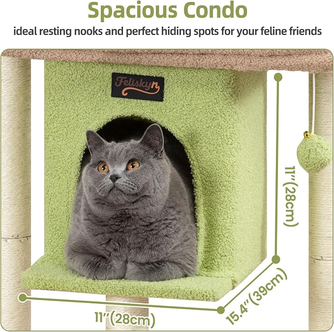 Cat Tree Tower Scratching Post for Indoor Large Adult Cats with Perch Bed | 28in Tall Small Cat Trees House with Big Perch, Condo, Toy Balls, Modern Kitten Climbing Furniture Platform, Green - Image 3