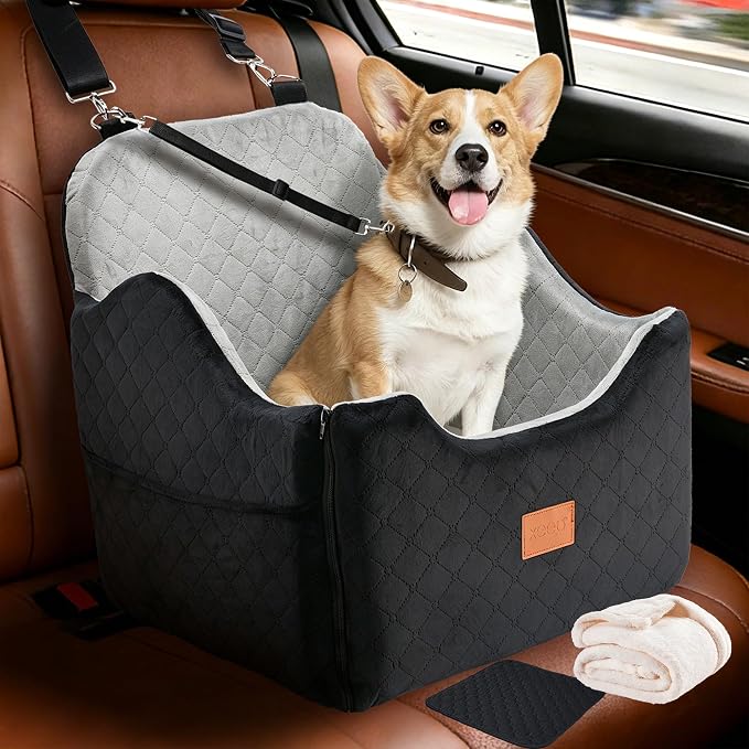 XEEP Dog Car Seat Bed for Small/Medium Dogs Up to 35 lbs, Memory Foam | 2-in-1 Design, Includes Blanket & Urine Pad, 2 Height-Adjust Cushions, Two Safety Tethers, Machine Washable Cover(Black/Grey) by xeep