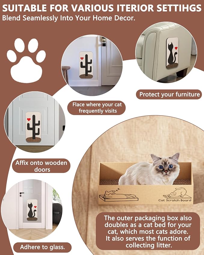 Megidok Cat Scratcher Art,5 Pack Cat Wall Mounted Scratcher,Cute Scratch Pad for Cats Nail File,Couch Protector Scratching Posts for Indoor Cats Adults Cat+Cacti - Image 6