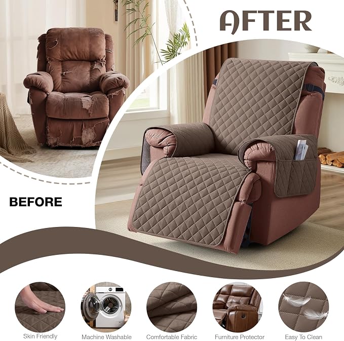 KinCam 100% Waterproof Recliner Chair Covers Washable, 28", Brown | Anti Slip Reclining Couch Covers for Pets Dog, Recliner Sofa Slipcover Storage Pocket, Furniture Protector with Elastic Strap - Image 6