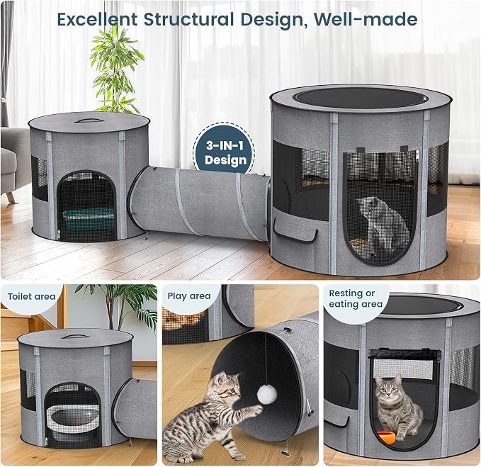 Portable Cat Playpen with Tunnel, 3 in 1 Foldable Puppy Play Pen, Waterproof Bottom, Enclosed 2-Room Separable Pet Tent for Indoor/Outdoor, Multi-Purpose Enclosure Crate Cage for Kitten Dog Rabbit - Image 4