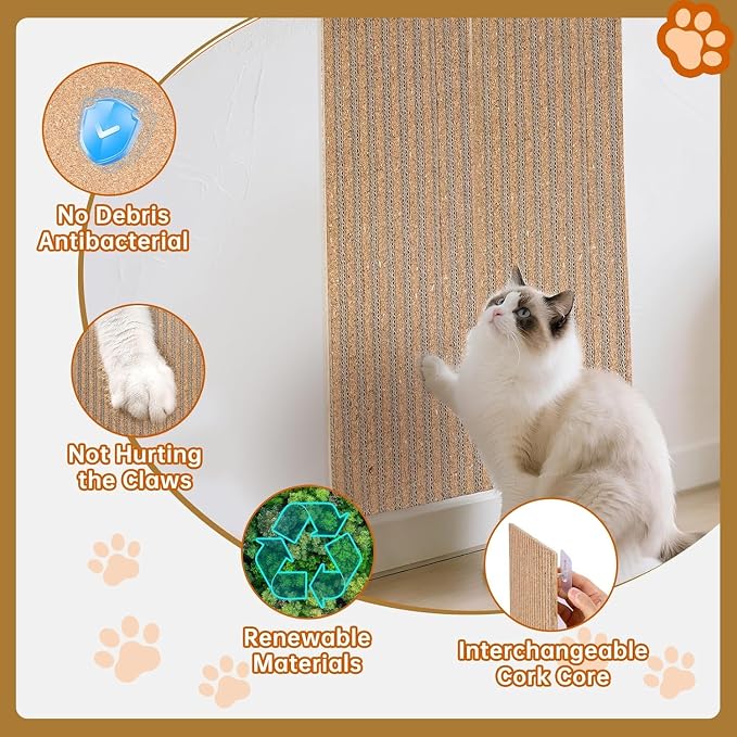 Natural Cork Cat Scratch Ardboard for Cats 2 Pack-Cat Scratcher Pads Indoor-Wall Cat Scratchers-Cat Scratcher Furniture Protector-Carpets Scratching Posts-Stretching-No Mess Splinters Easy Clean - Image 5