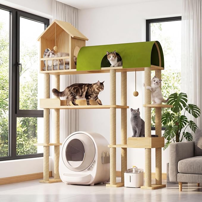 60'' Cat Tree for Automatic Litter Box, for Heavy Cats up to 22lbs | Solid Wood Large Cat Tower with Tunnel & House, Space-Saving for Indoor Multi-Pet Households, Stops Furniture Scratching - Image 4