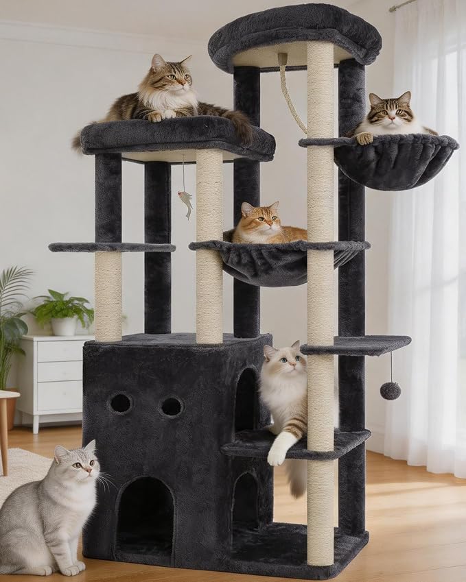 Heybly Cat Tree, 69.7 in Secure Anti-Tip Cat Tower for Large Cats HCT065G | Expansive Cat Furniture with Dual-Tier Cat Condo Villa, 2 Top Perches, Hammock & Full Sisal Scratching Posts, Smoky Gray by HEYBLY