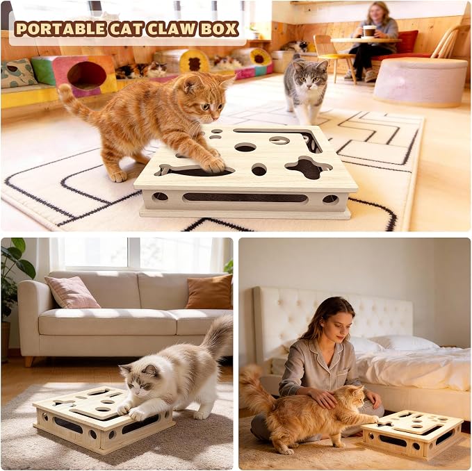 Cat Scratch Puzzle Enrichment Box, Large Solid Wood with Sandpaper Inside | Cat Nail File Enrichment Box with Sandpaper Inside, Cat Nail File Box Stress Free Alternative to Clippers and Grinders - Image 7
