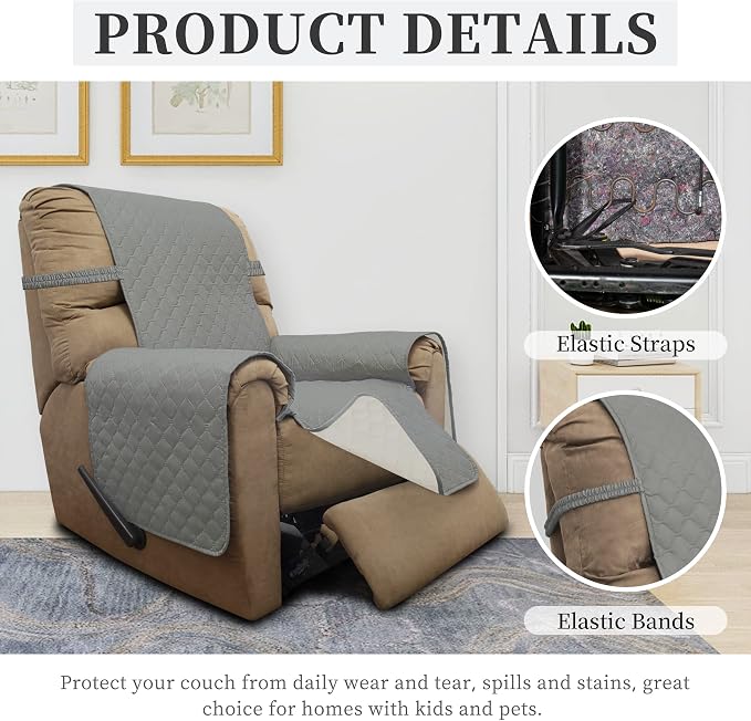 ISSUNTEX Double Protection 100% Waterproof Recliner Covers for Living Room, Reversible Furniture Protector Recliner Couch Sofa Slipcover for Dogs, Pets, Kids (Recliner, Light Gray/Ivory) - Image 5