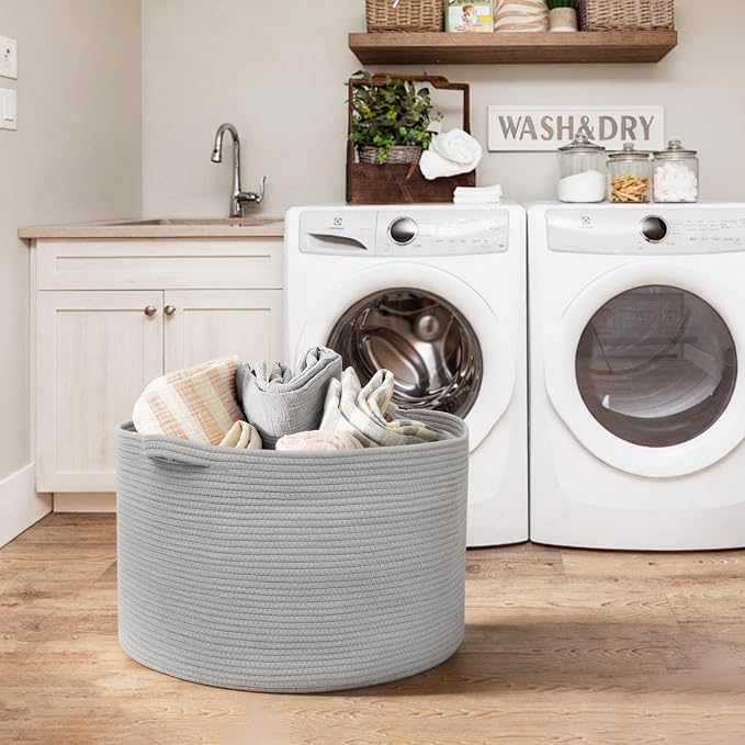 MEGASKET Extra Large Grey Storage Basket, 22" X 22" X 14" XXXL Blanket Basket for Living Room, Gray Wicker Woven Cotton Rope Baskets for Storage, Kids Toy Baskets Bins, Decorative Pillow Towel Basket - Image 7