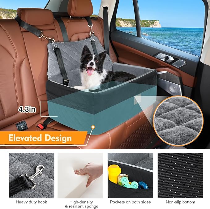 NEEZUKAR Dog Car Seat for Large Medium Size Dogs, Pet Car Seat Under 55 lbs | Thick Cushion, Detachable Washable Dog Booster Seat for 2 Small Dogs, Travel Dog Car Bed with Storage Pockets, 2 Safety Belts - Image 3