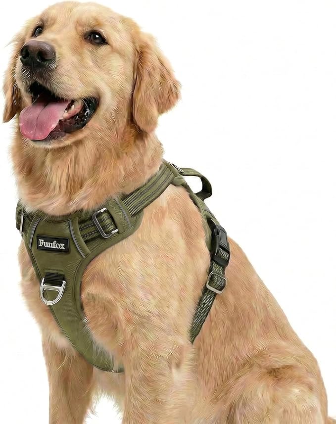 Dog Harness No Pull, Adjustable Pet Vest Harness, Super Soft Material with Vertical Handle Easy Control, Reflective Night Walking, 2 Leash Clips for Large Dogs, Army Green, L by MyFUNFOX