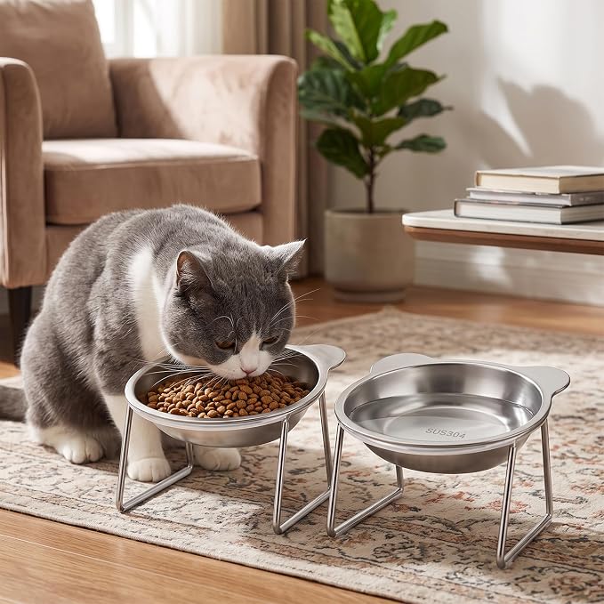 Elevated Cat Bowls with 15° Tilt, Whisker Friendly Raised Cat Food & Water Dishes with Silent Silicone Strip - Anti-Vomiting Small Dog Bowl, 304 Stainless Steel Bowl, Spine Friendly, Dishwasher Safe - Image 8