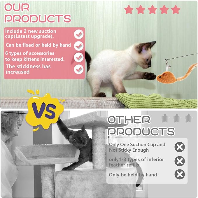 Interactive Bird Simulation Cat Toy Set | Cat Wand Toys,Includes 2 Self-Holding Suction Cup Bases and 6 Detachable Replacement Feather Toys - Image 4