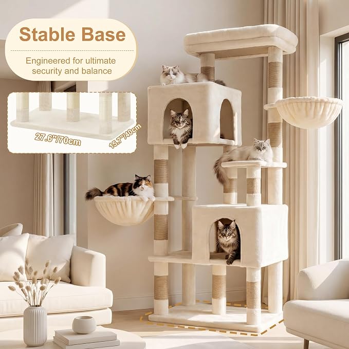 Heybly 68.1" Cat Tree with Oversized Top Platform & Wide Base HCT059MJ | Heavy Duty Cat Tower for Large Indoor Cats with 2 Condos, 2 Hammocks, 10 Sisal Scratching Posts, Stable Cat House, Beige - Image 3