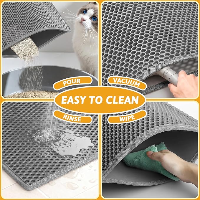 Pieviev Cat Litter Box Mat, Double-Layer Urineproof Design, 47" x 36" Gray | Honeycomb Litter Trapping Mat Captures Scattered Particles to Stop Tracking, Waterproof Base Protects Floors, Easy to Clean - Image 6