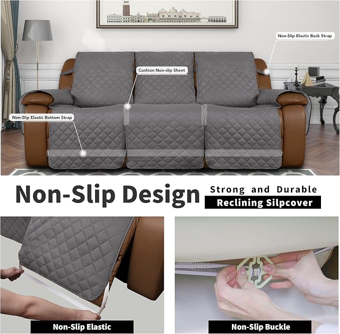 Easy-Going Recliner Sofa Cover, Reversible Couch Cover for 3 Seat Recliner, Split Sofa Cover for Each Seat, Furniture Protector with Elastic Straps for Dogs, Pets(3 Seater, Gray/Light Gray) | Washable Sofa Slipcover For Dogs, Sofa Cover For Recliner, F... - Image 4