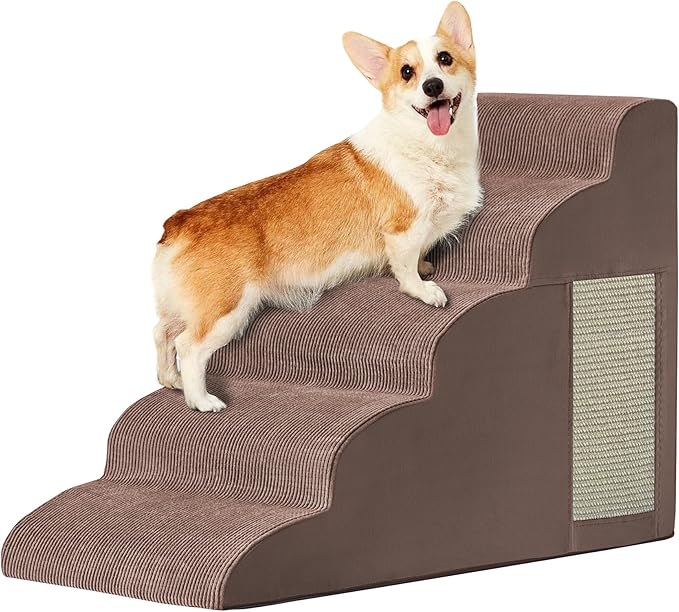 Dog Stairs for Small Dogs 22.6" H, Dog Ramp for Bed, 5-Step, Coffee | Dog Steps for Bed, Couch, Pet Stairs with Non-Slip Bottom Design, Cat Scratching,High Density Foam Portable Pet Steps, Indoor by Ahpmeoa