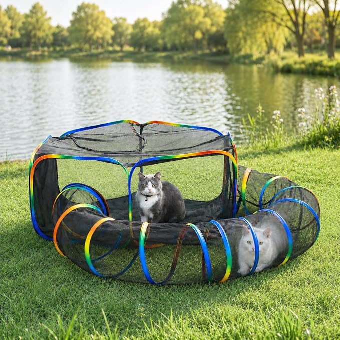 Portable Cat Enclosure - 2-in-1 Outdoor Catio with Tent & Tunnel, Foldable Playpen for Indoor Cats, Includes Storage Bag for Cats & Small Animals Rainbow Color by MAKEPETLUCKY-WelcometoCatTunnelClub