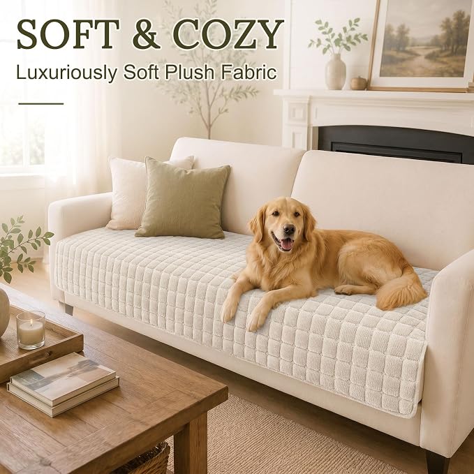 Smiry Velvet Couch Cover for Dogs, Non Slip Soft Sofa Protector for Pets | Washable Sofa Cover for Cats, Cozy Furniture Protector Against Pet Hair, Scratches, Fits Sectional Sofa(White, 36"x94.5") - Image 2