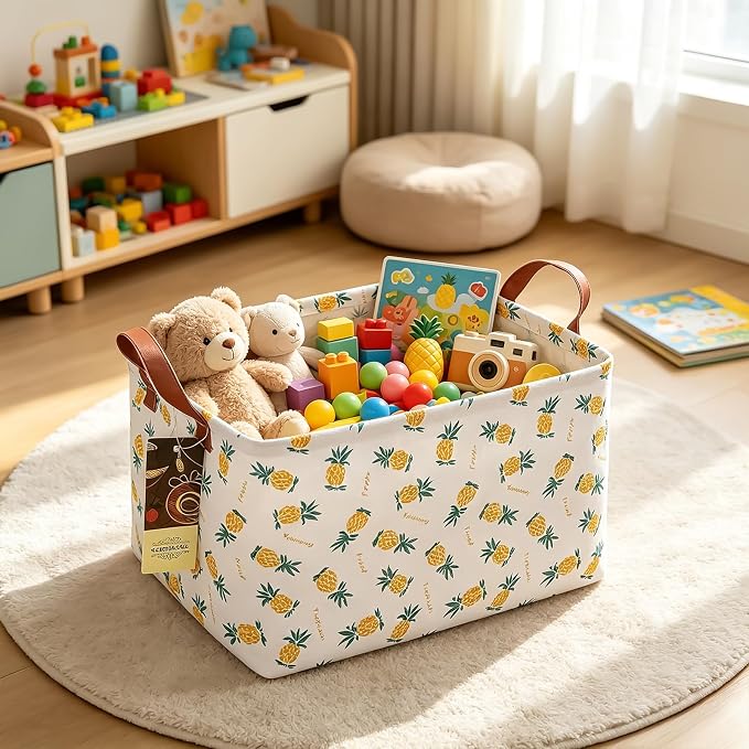 Rectangle Foldable Storage Basket Handles For Home, Pineapple | Waterproof canvas material, reinforced handles, perfect for shelf use, organizes clothes, daily items and pet supplies - Image 3