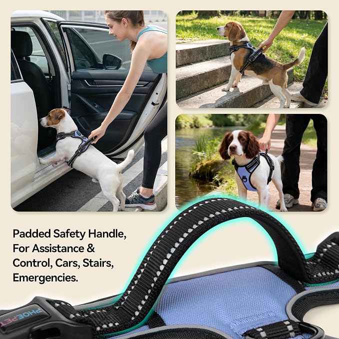 No Pull Dog Harness Reflective Adjustable with 2 Metal Leash Hooks | and Soft Training Handle [Over The Head Design](M, Baby Blue) - Image 4